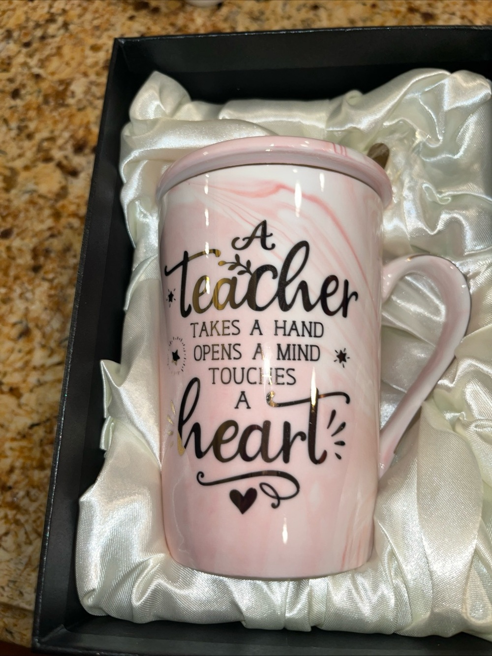 Teacher Marble Look Mug with Lid, Spoon, Gift Set Dishwasher Safe Penny Cai